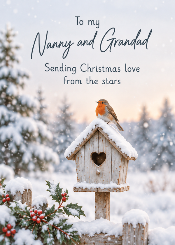 Christmas Card for Nanny & Grandad – Robin on a Snowy Birdhouse