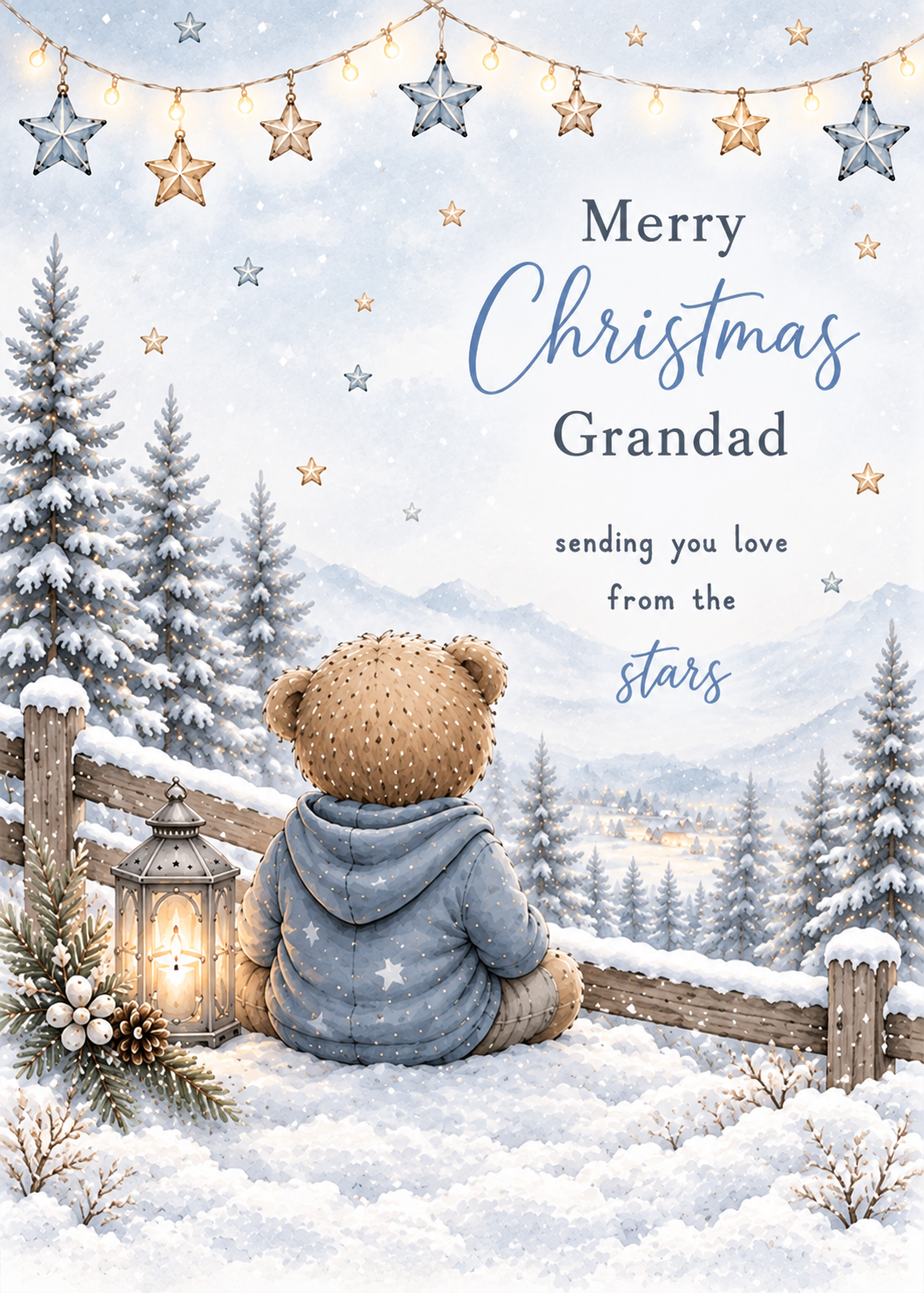 Merry Christmas Grandad – Teddy by a Snowy Fence Card