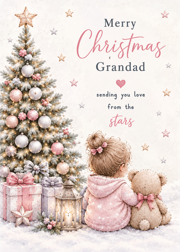 Merry Christmas Grandad – Girl, Teddy & Christmas Tree Card