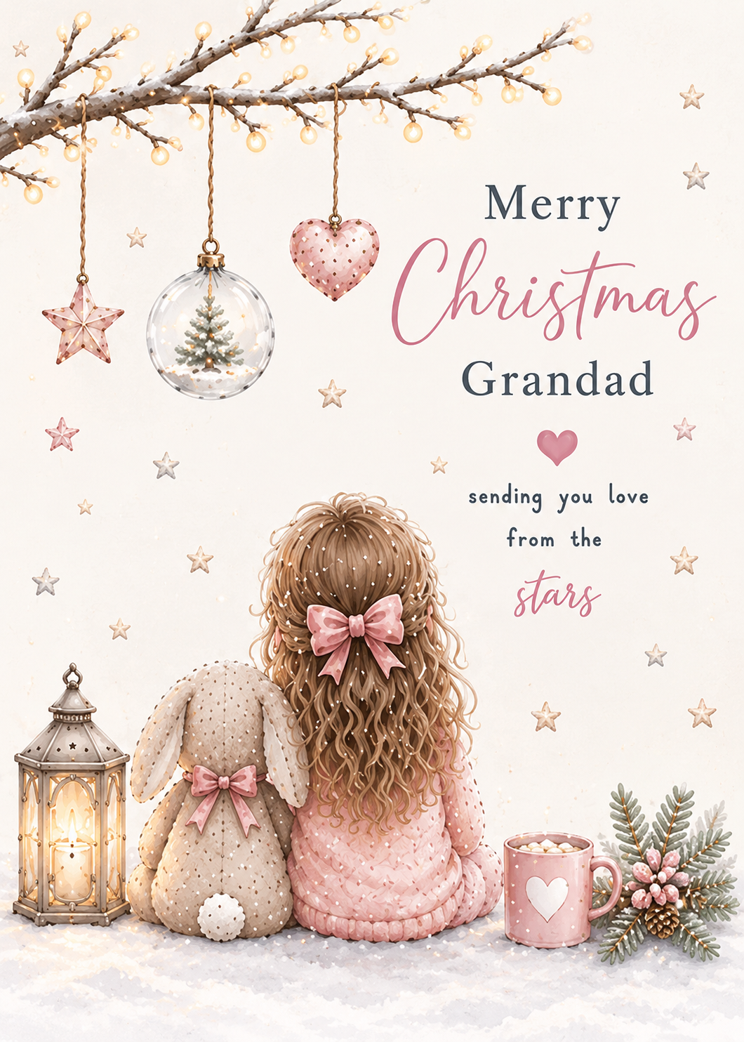 Merry Christmas Grandad – Girl & Bunny Beneath Decorations Card
