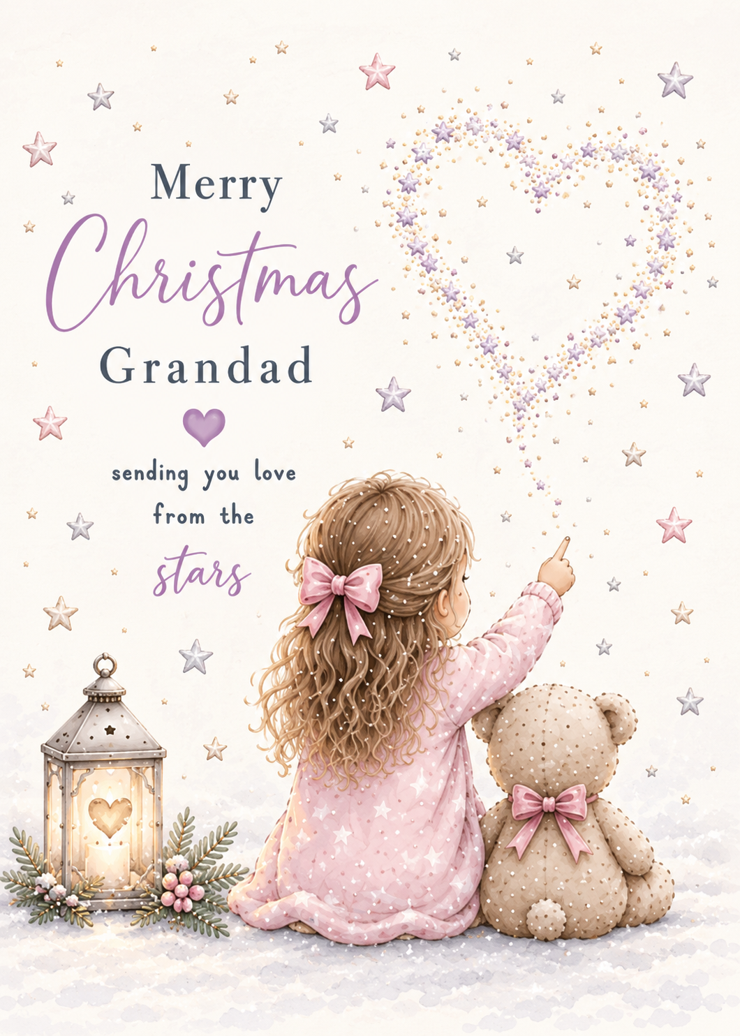 Merry Christmas Grandad – Girl Pointing to a Heart of Stars Card