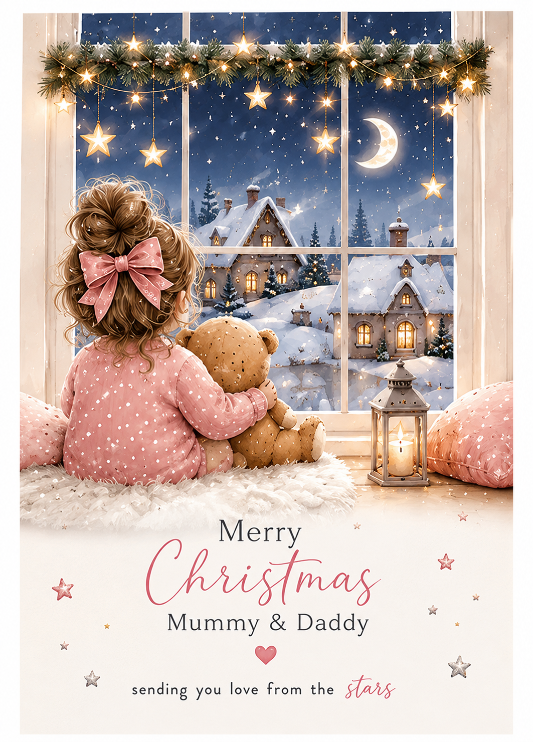 Merry Christmas Mummy & Daddy – Little Girl & Teddy at a Snowy Window Card