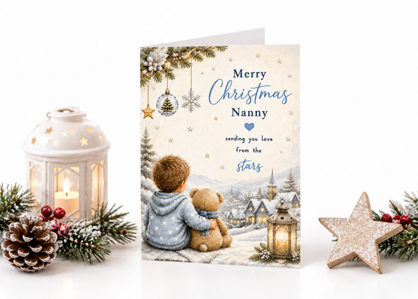 Merry Christmas Nanny – Boy & Teddy Outside a Snowy House Card