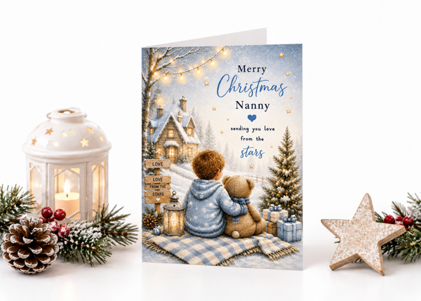 Merry Christmas Nanny Card – Child and Teddy by Cottage