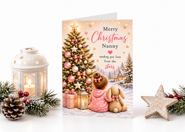 Merry Christmas Nanny – Girl & Bunny by a Pink Christmas Tree Card