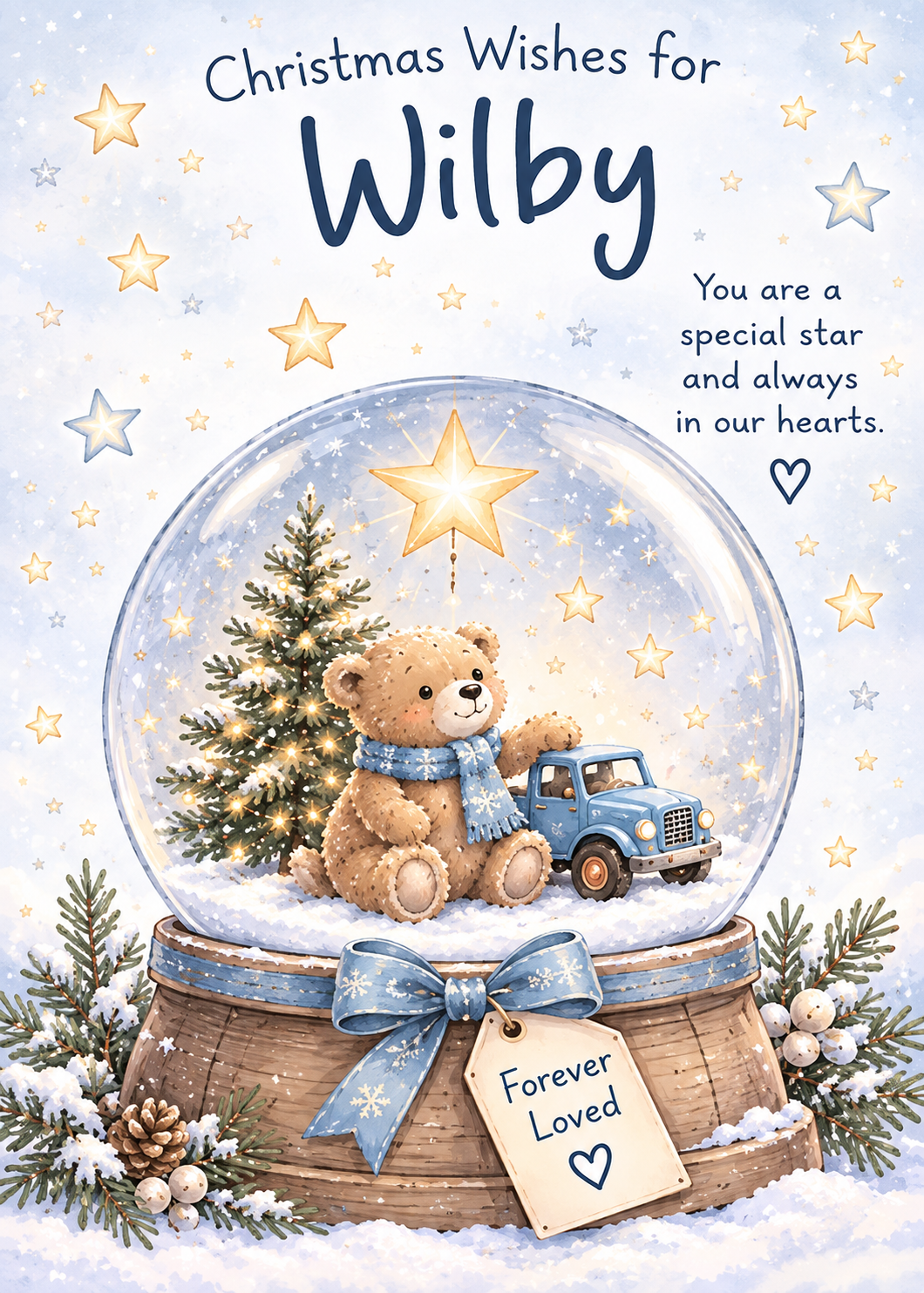 Personalised Son Christmas Card – Teddy and Truck Snow Globe