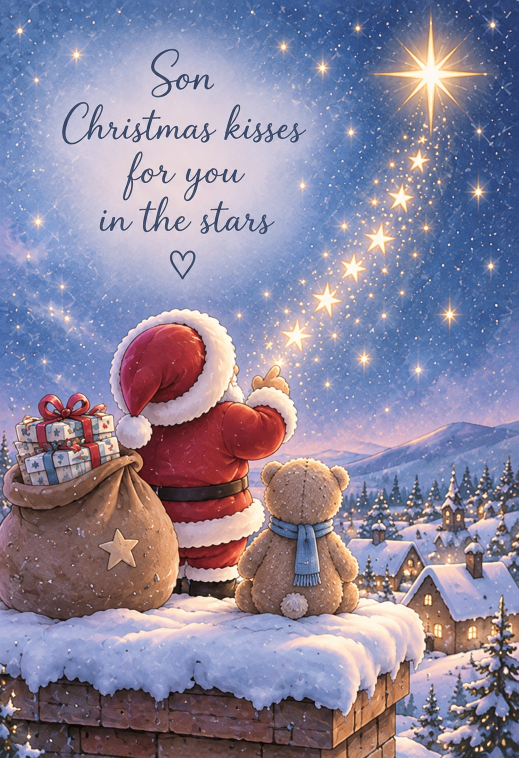 Christmas Card for Son in Heaven – Santa and Teddy on a Rooftop