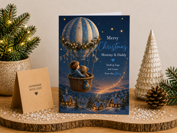 Merry Christmas Mummy & Daddy Card – Hot-Air Balloon above Village