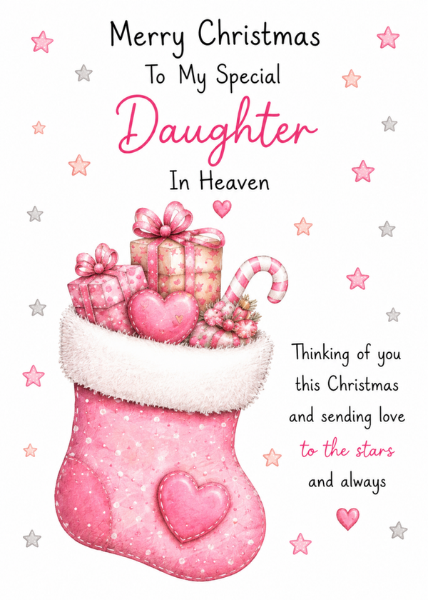 Christmas Card for Daughter in Heaven – Pink Stocking & Christmas Presents