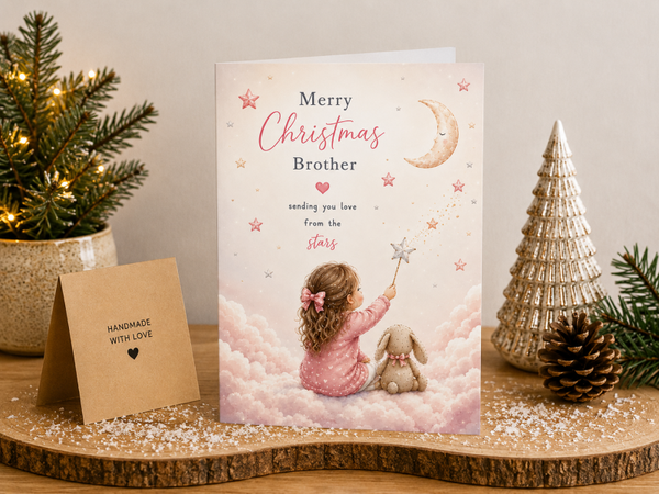 Merry Christmas Brother Card – Girl and Bunny beneath the Moon