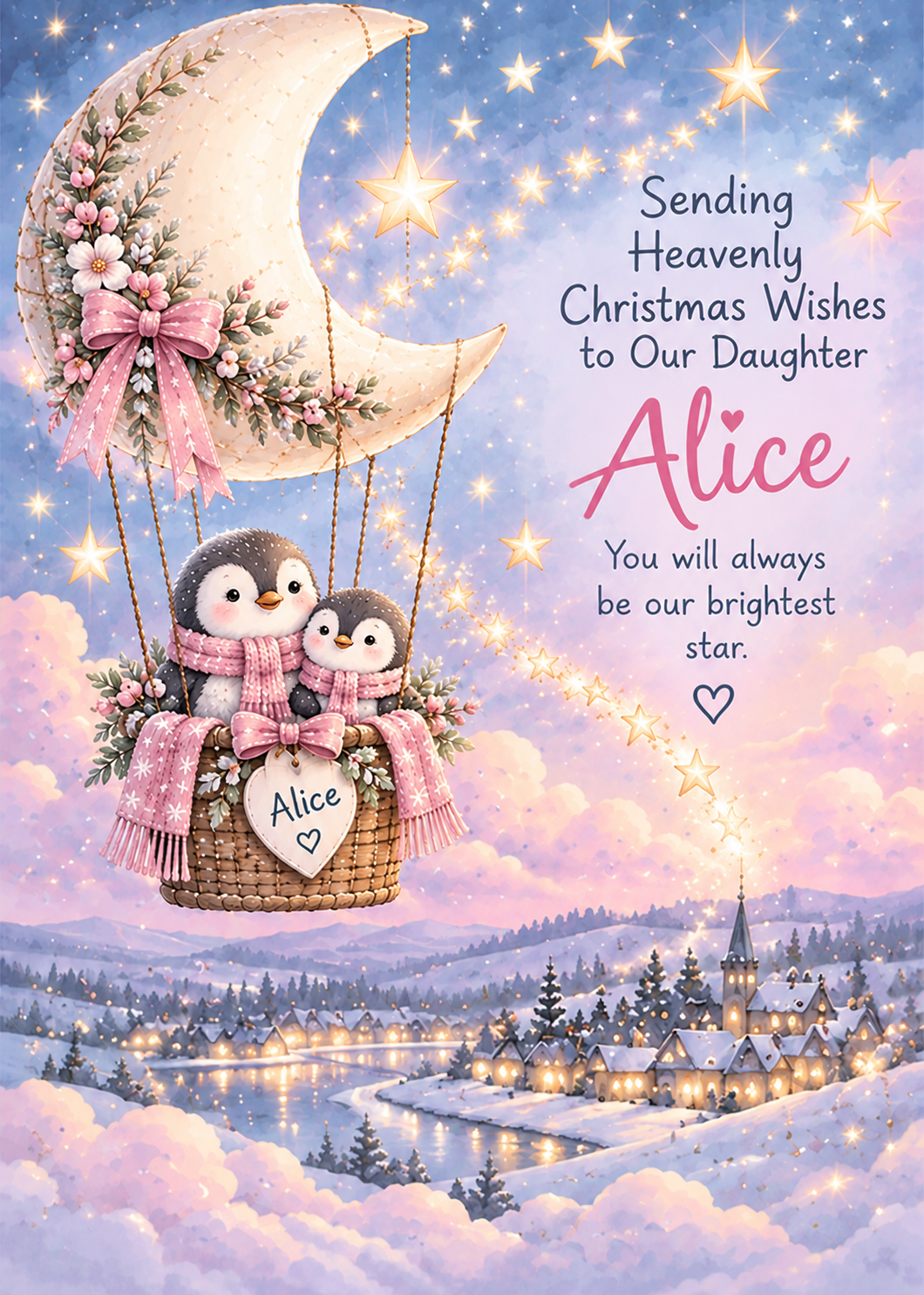 Personalised Daughter Christmas Card – Moon Balloon Penguins
