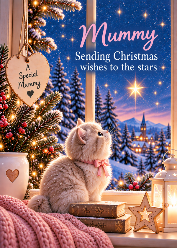 Christmas Wishes to the Stars Mummy Card – Cat at Window