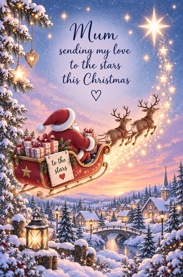 Christmas Card for Mummy in Heaven – Santa's Sleigh beneath the Moon
