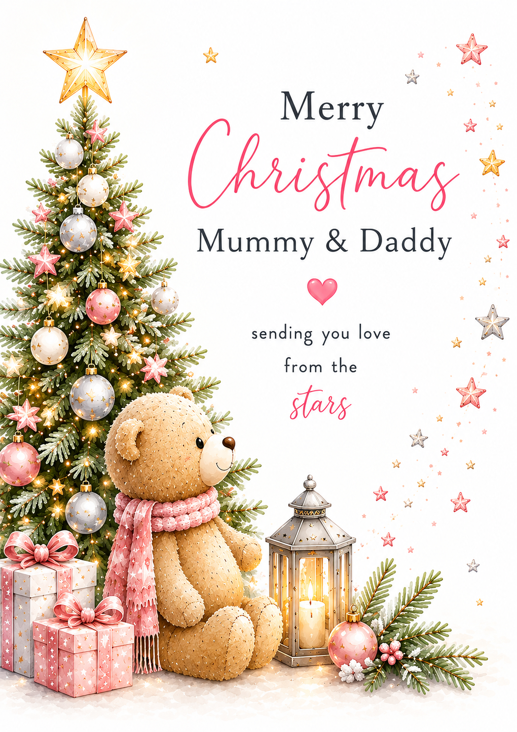 Merry Christmas Mummy & Daddy – Teddy Beside a Pink Christmas Tree Card
