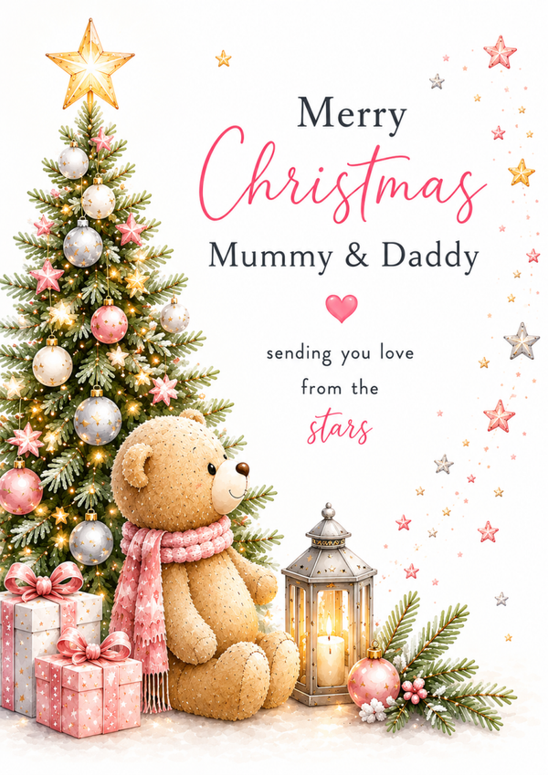 Merry Christmas Mummy & Daddy – Teddy Beside a Pink Christmas Tree Card