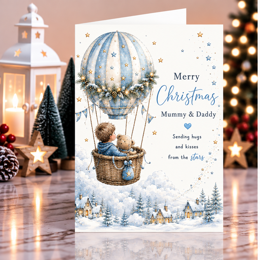 Merry Christmas Mummy & Daddy – Pastel Christmas Hot Air Balloon Card