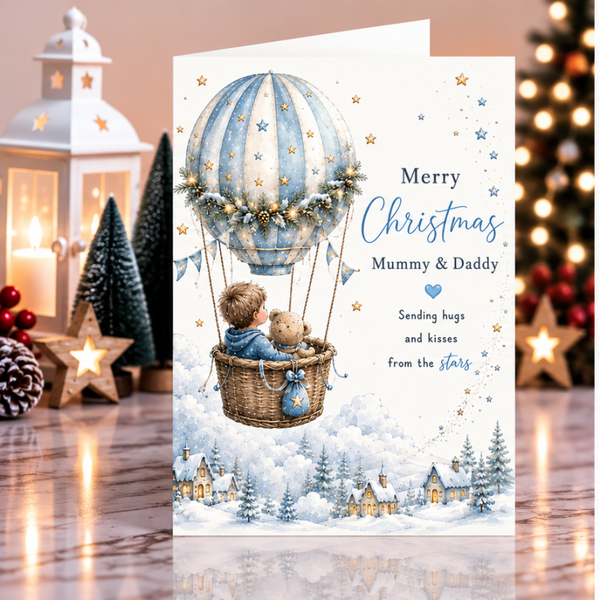 Merry Christmas Mummy & Daddy – Pastel Christmas Hot Air Balloon Card