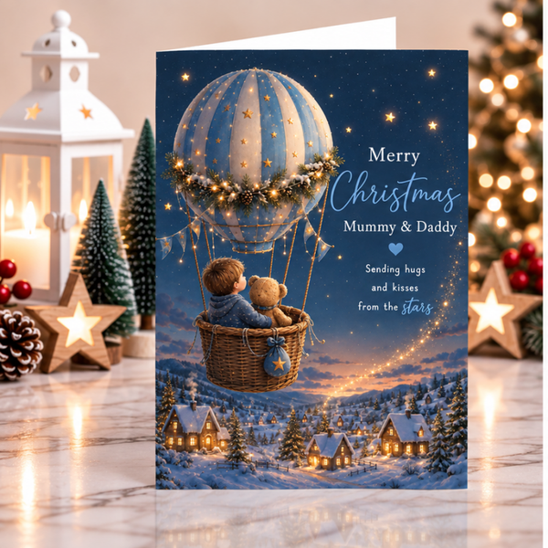 Merry Christmas Mummy & Daddy – Blue Christmas Hot Air Balloon Card