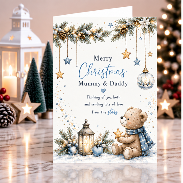 Merry Christmas Mummy & Daddy – Teddy, Lantern & Hanging Stars Card