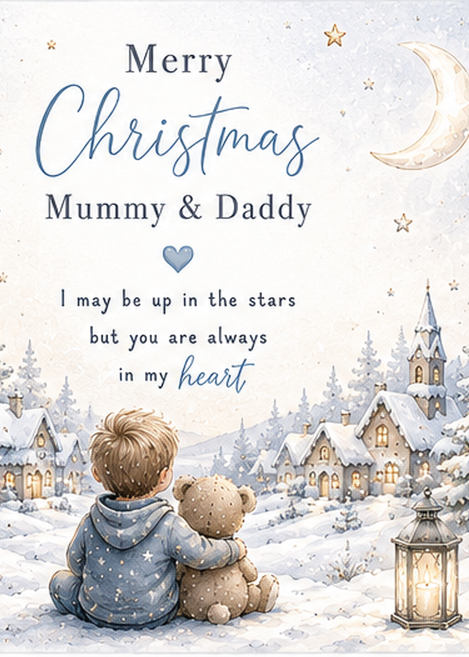 Merry Christmas Mummy & Daddy – Boy & Teddy Beneath the Moon Card