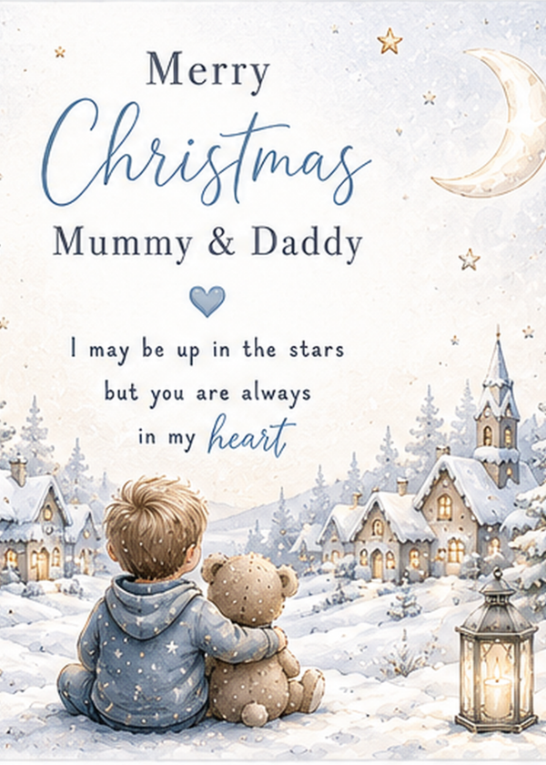 Merry Christmas Mummy & Daddy – Boy & Teddy Beneath the Moon Card