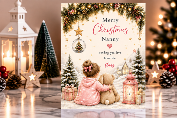 Merry Christmas Nanny – Girl, Teddy & Pink Lantern Card