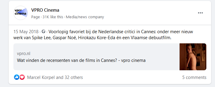 VPRO cinema facebook post over Cannes filmfestival 2018