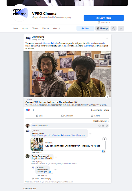 facebookposts met afbeelding van de genomineerde film Blackkklansman