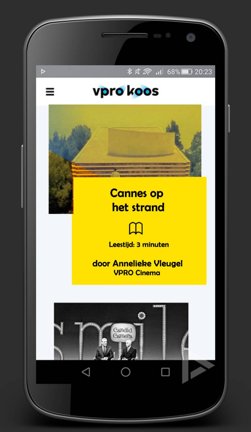 Telefoon met Koos app tip op geel vlak over Cannes filmfestival 2018