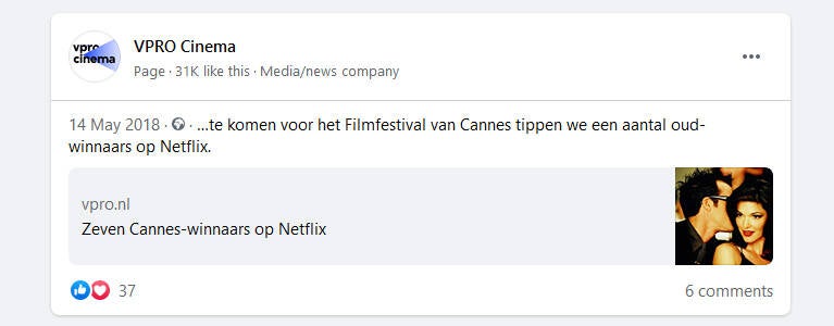 VPRO Cinema Facebookpost over het Cannes Filmfestival 2018