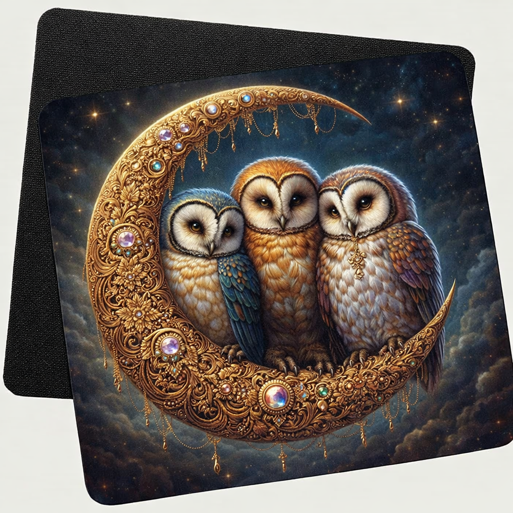 Crescent moon and owls Mouse Pad/Mat