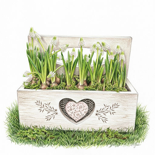 Écrin Cœur – Composition de Muscaris Blancs en Jardinière Romantique