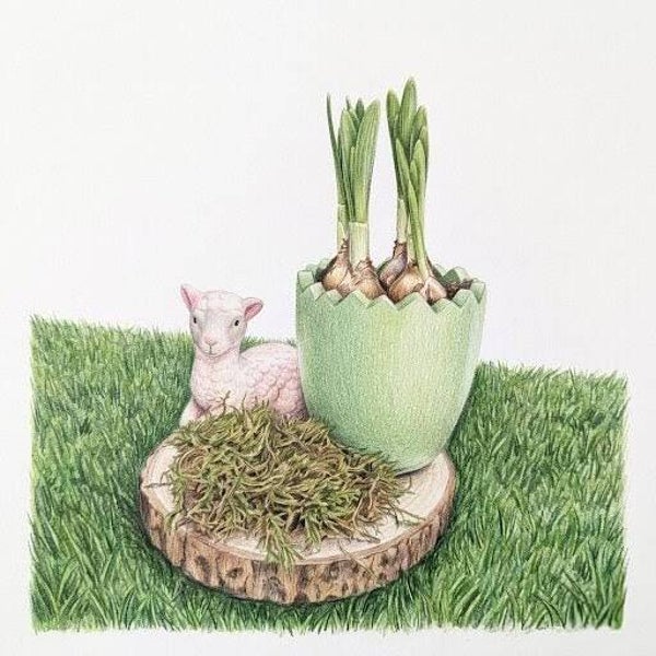 "Douceur Pastorale" – Composition Pascale sur Rondin, Agneau et Coquille Fleurie