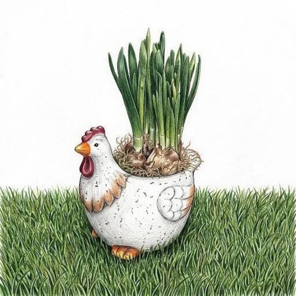 "Cocotte Printanière" – Jardinière Coq en Céramique Patinée avec Bulbes de Narcisses