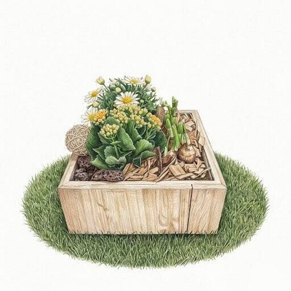 Éclat Solaire – Composition Printanière en Caisse de Bois Naturel