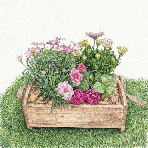 Jardin de Bohème – Jardinière en Bois et Éclats de Fleurs Roses