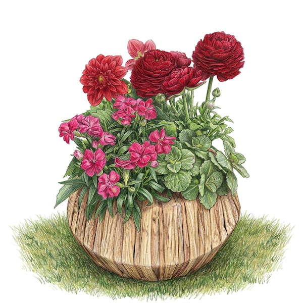 Passion Rubis – Composition de Renoncules et Dahlias en Coupe Artisanale