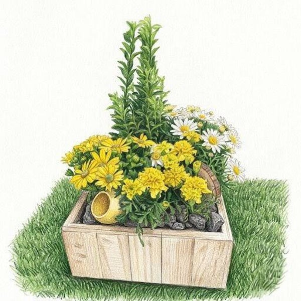 Jardin de Soleil – Composition Florale Jaune & Blanche en Bac Artisanal