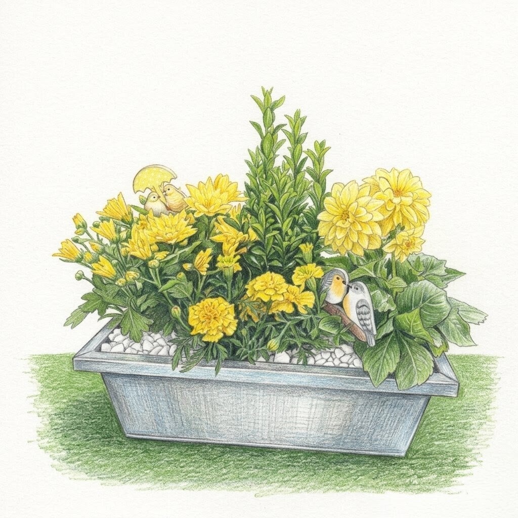 "Rayon de Soleil" – Composition de Dahlias & Chrysanthèmes en Jardinière Zinc