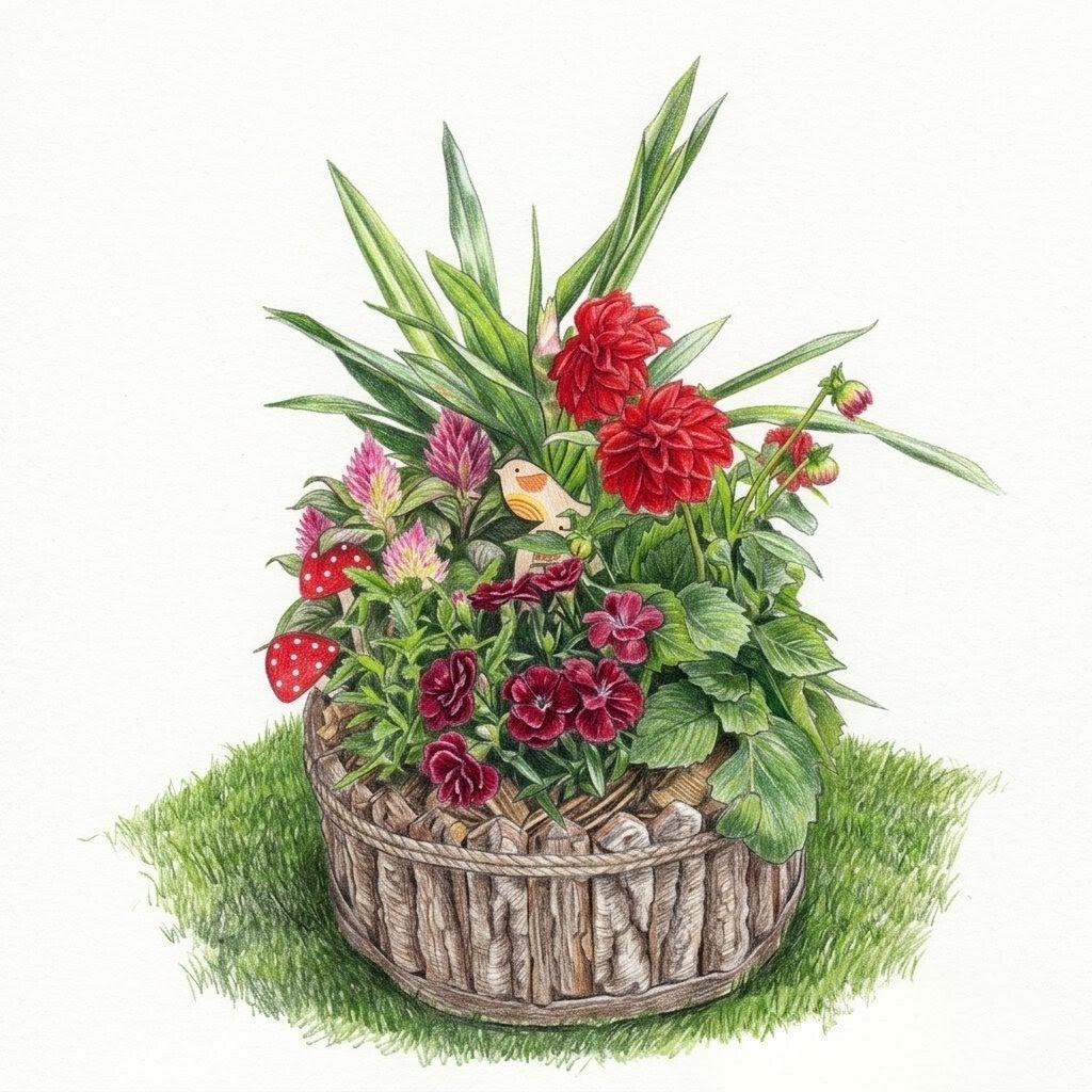 "Éveil Rouge" – Composition de Dahlias & Célosies en Écorce Naturelle