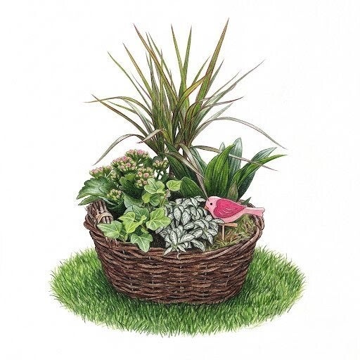 "Nid de Verdure" – Grande Corbeille de Plantes Graphiques & Oiseau Rose