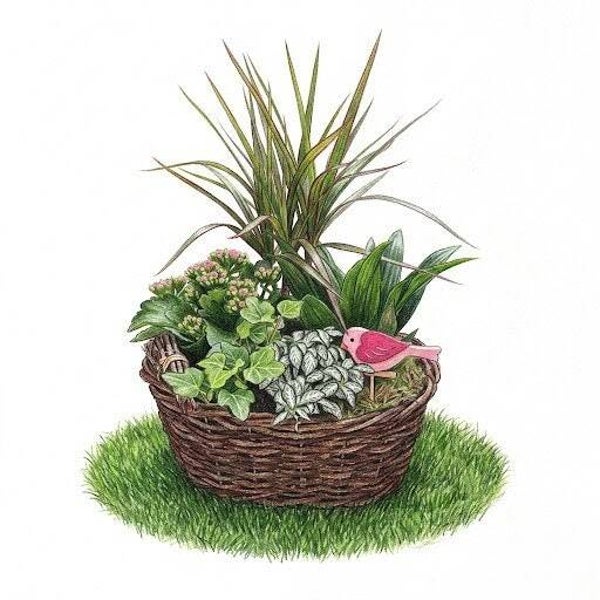 "Nid de Verdure" – Grande Corbeille de Plantes Graphiques & Oiseau Rose
