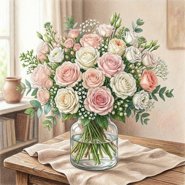 Bouquet « Douceur Poudrée » - Nuances Rose Pâle & Blanc
