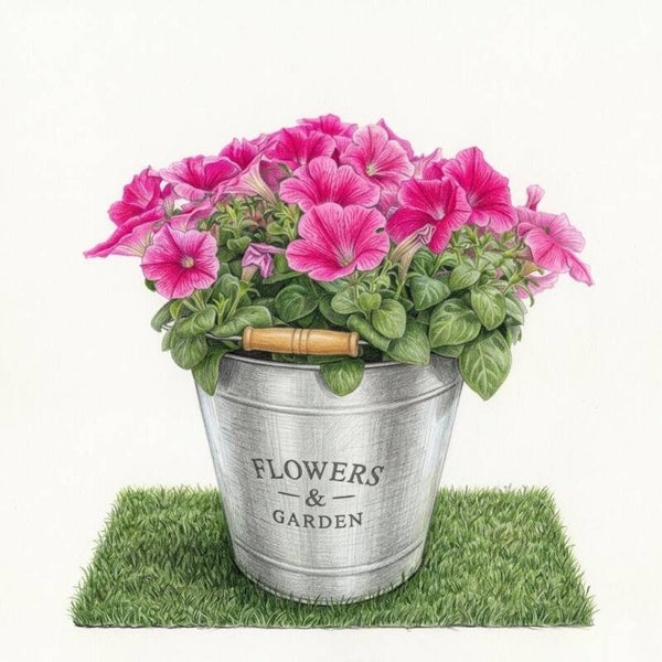 Seau de Pétunias Rose Vif – Déco Jardin & Balcon Vintage
