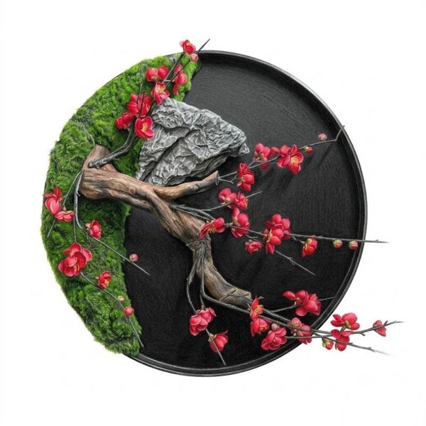 Cadre Végétal Circulaire 'Estampe Écarlate' – Style Bonsaï Sculpté 3D