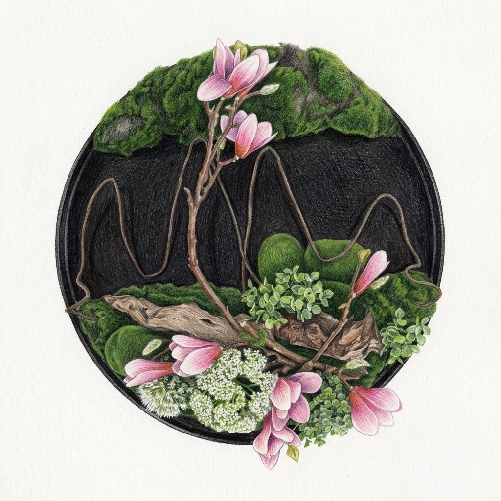Cadre Végétal Circulaire 'Paysage de Magnolia' - 3D
