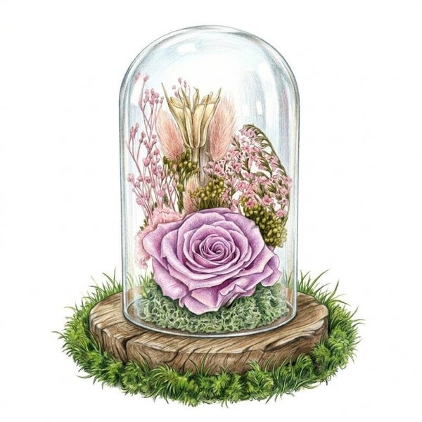 Cloche en Verre « Éternelle Douceur » – Rose Stabilisée et Fleurs Séchées