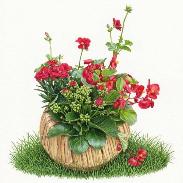 Panier Fleuri "Éclat Pourpre" – Trio de Fleurs Rouges Printanières