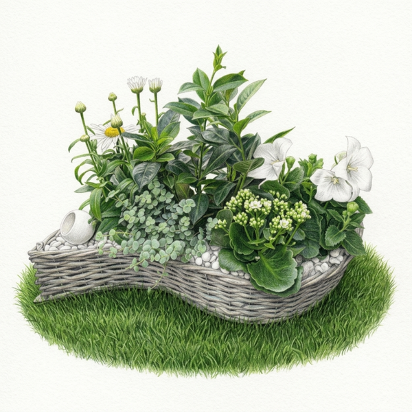 Composition Florale Élégante en Panier Tressé – "Éclat Blanc & Verdure"