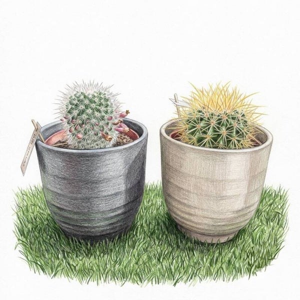 Cactus Graphique en Cache-Pot Céramique Strié